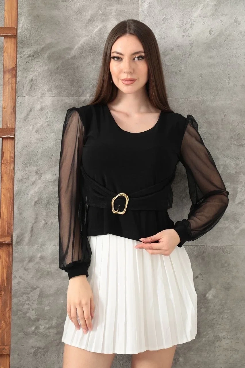 Tokalı tül kollu bluz siyah t4071