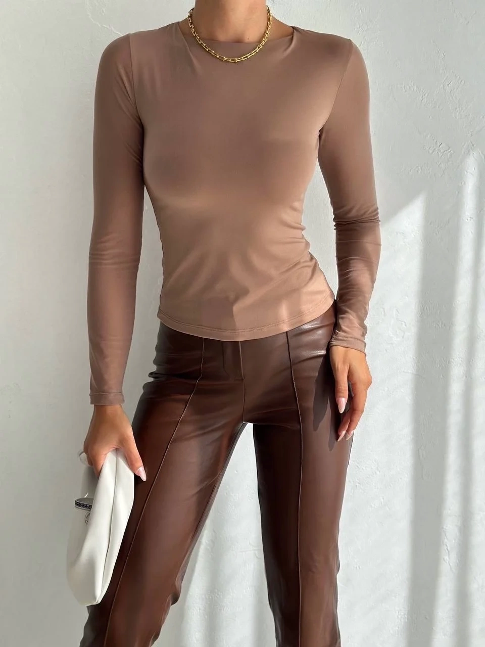 Tül kollu bluz vizon f2252