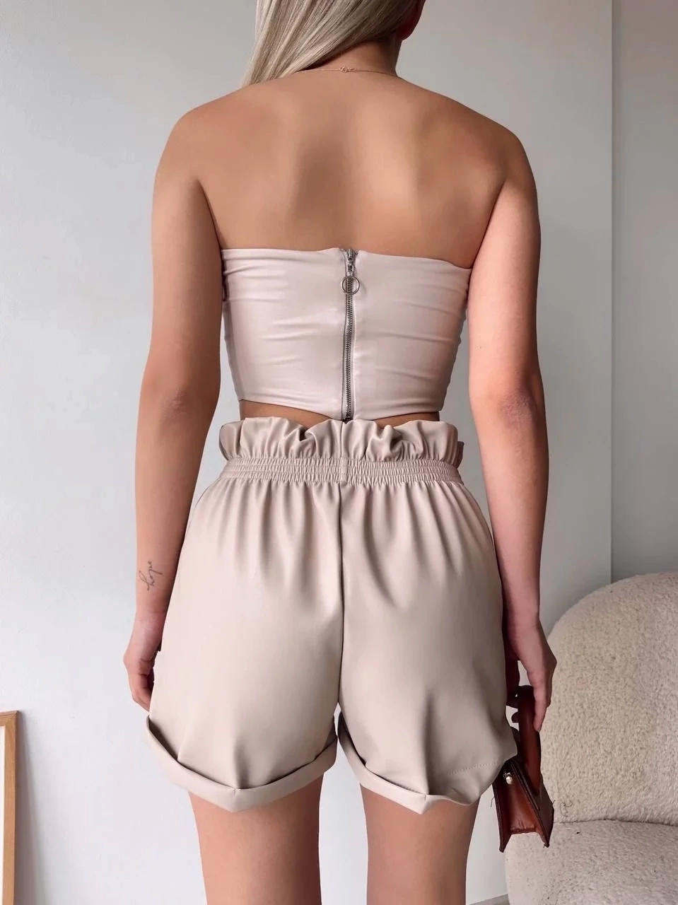 Tüllü deri crop bej w24615
