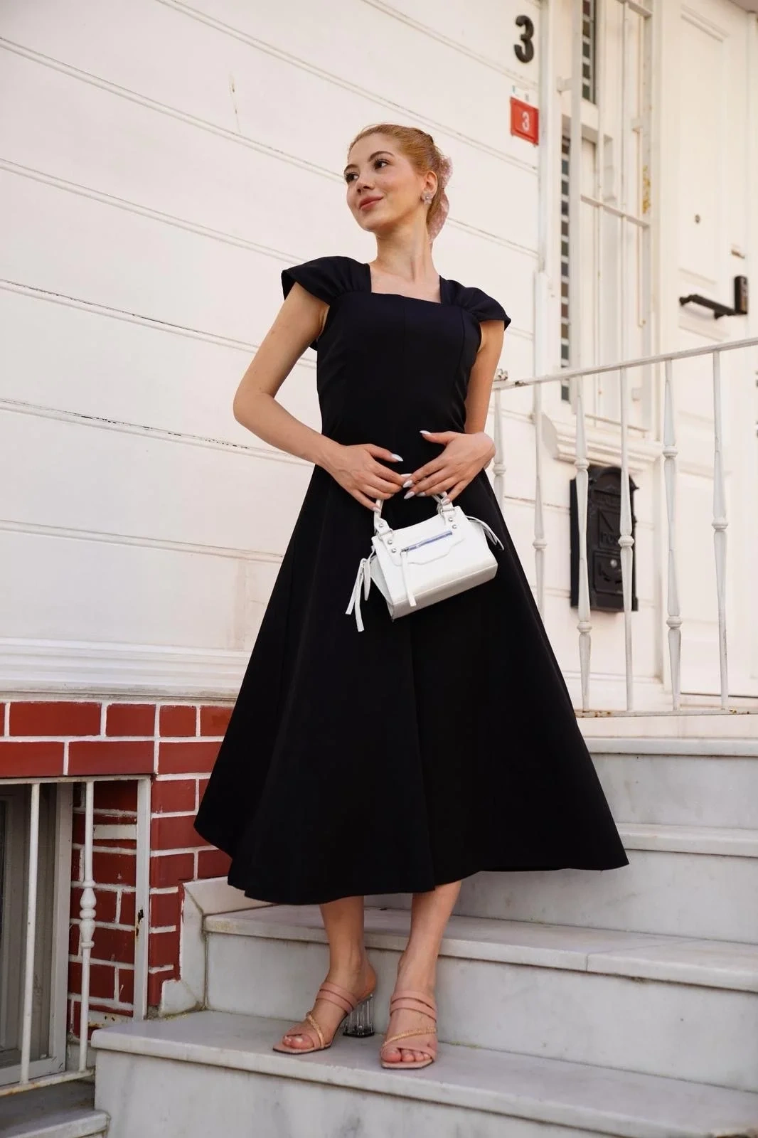 U yaka prenses elbise siyah s255101