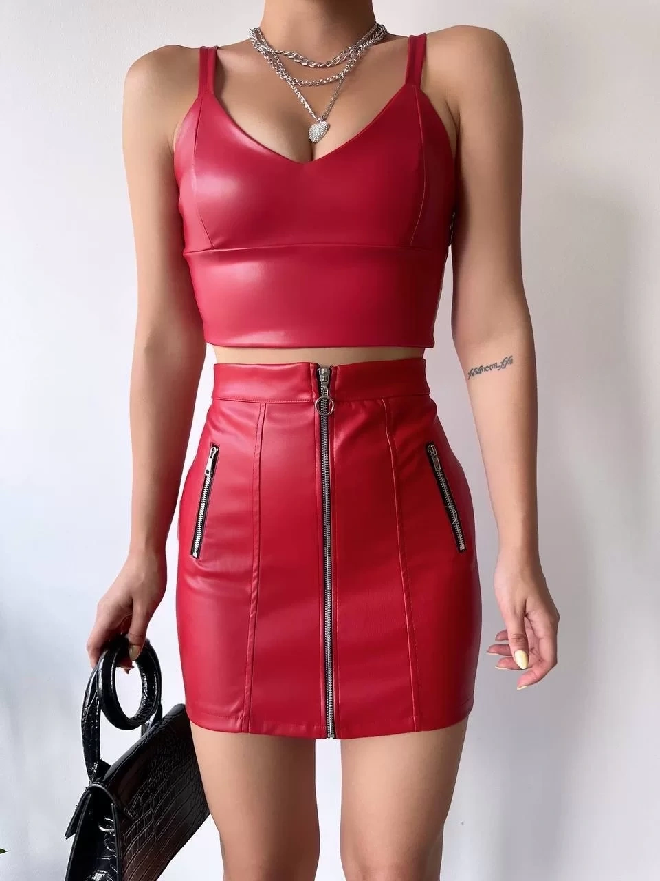 Üç fermuarlı deri etek bordo s24510