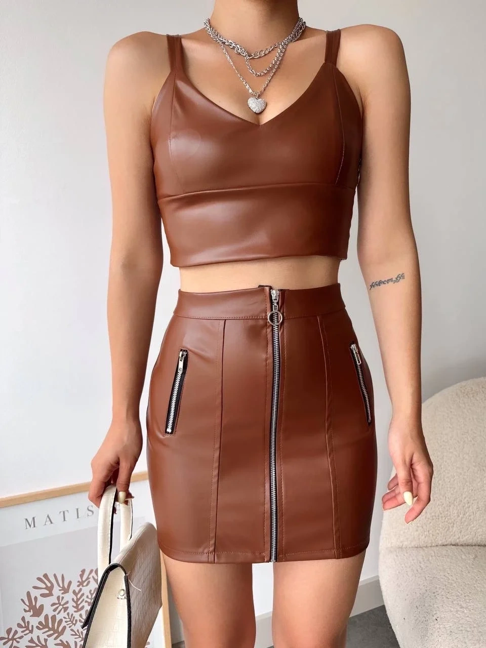 Üç fermuarlı deri etek kahve