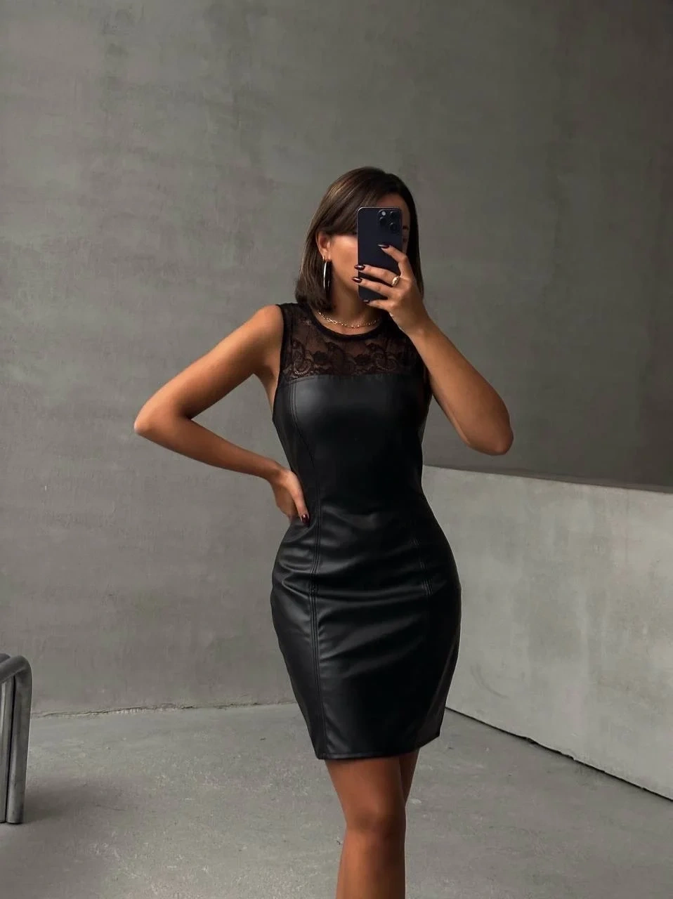 Üstü dantelli straplez deri elbise siyah w24421