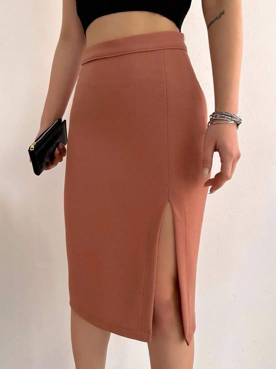 Uzun midi boy yırtmaçlı etek somon s24907