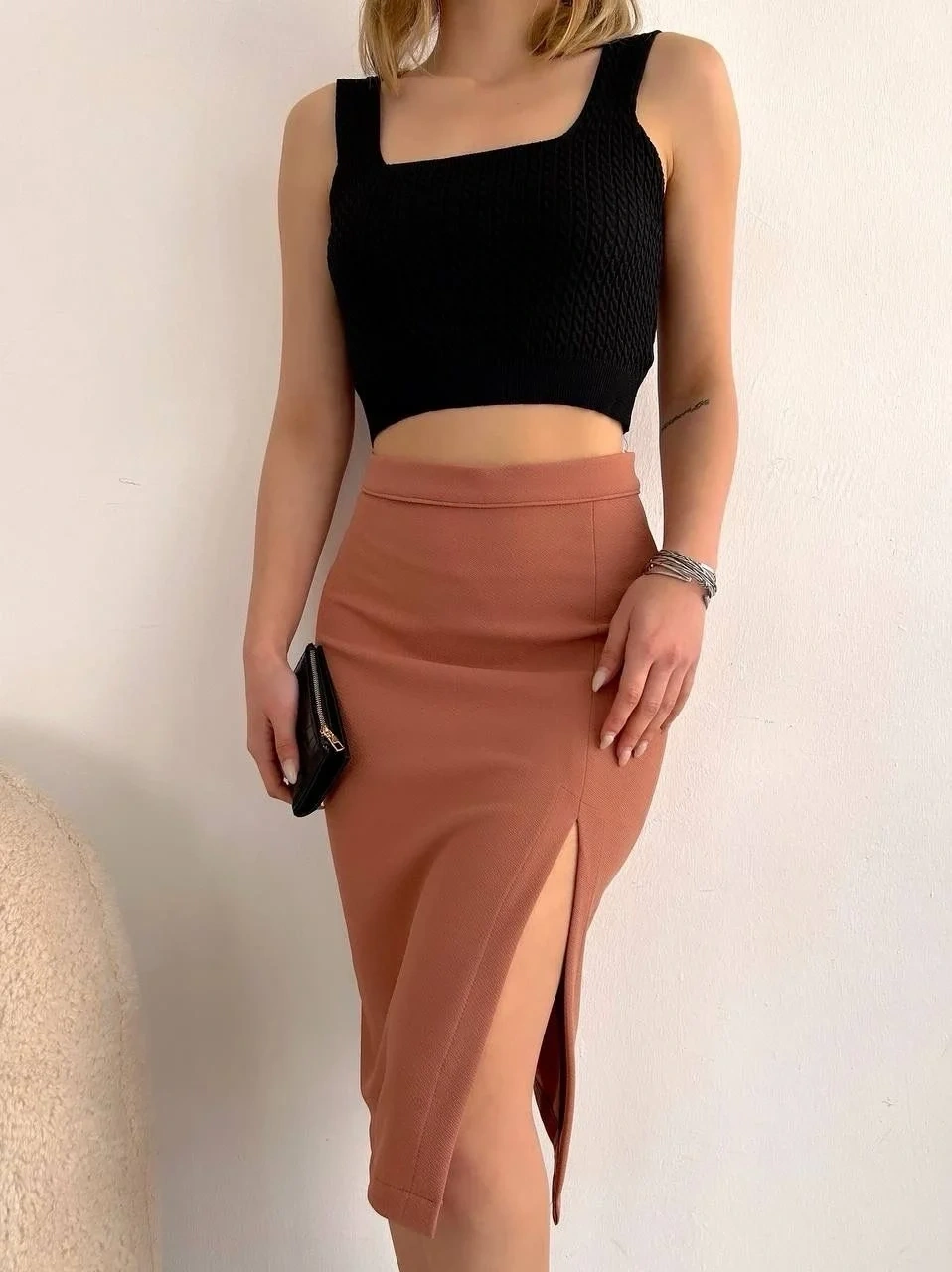 Uzun midi boy yırtmaçlı etek somon s24907