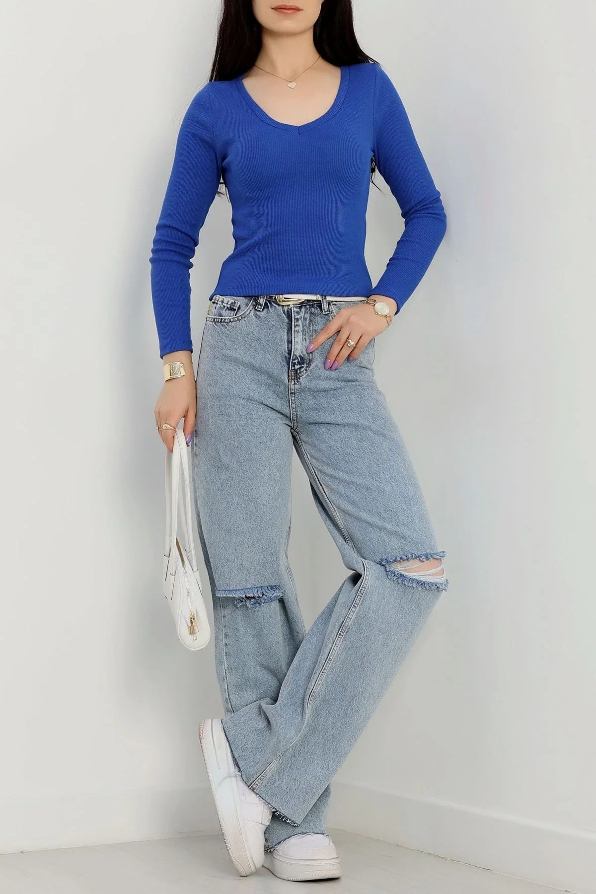 V yaka kaşkorse bluz saks mavisi