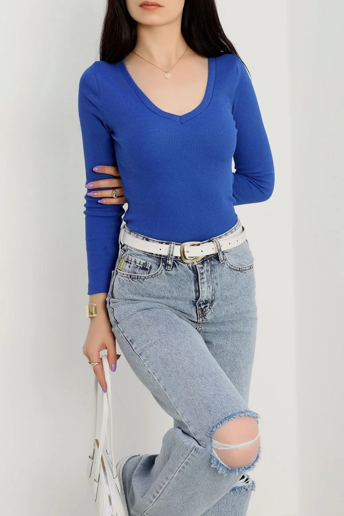 V yaka kaşkorse bluz saks mavisi