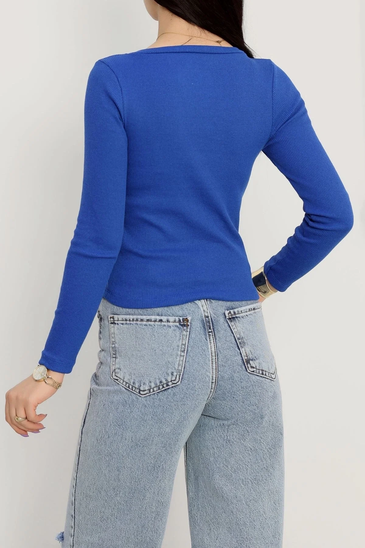 V yaka kaşkorse bluz saks mavisi a3699