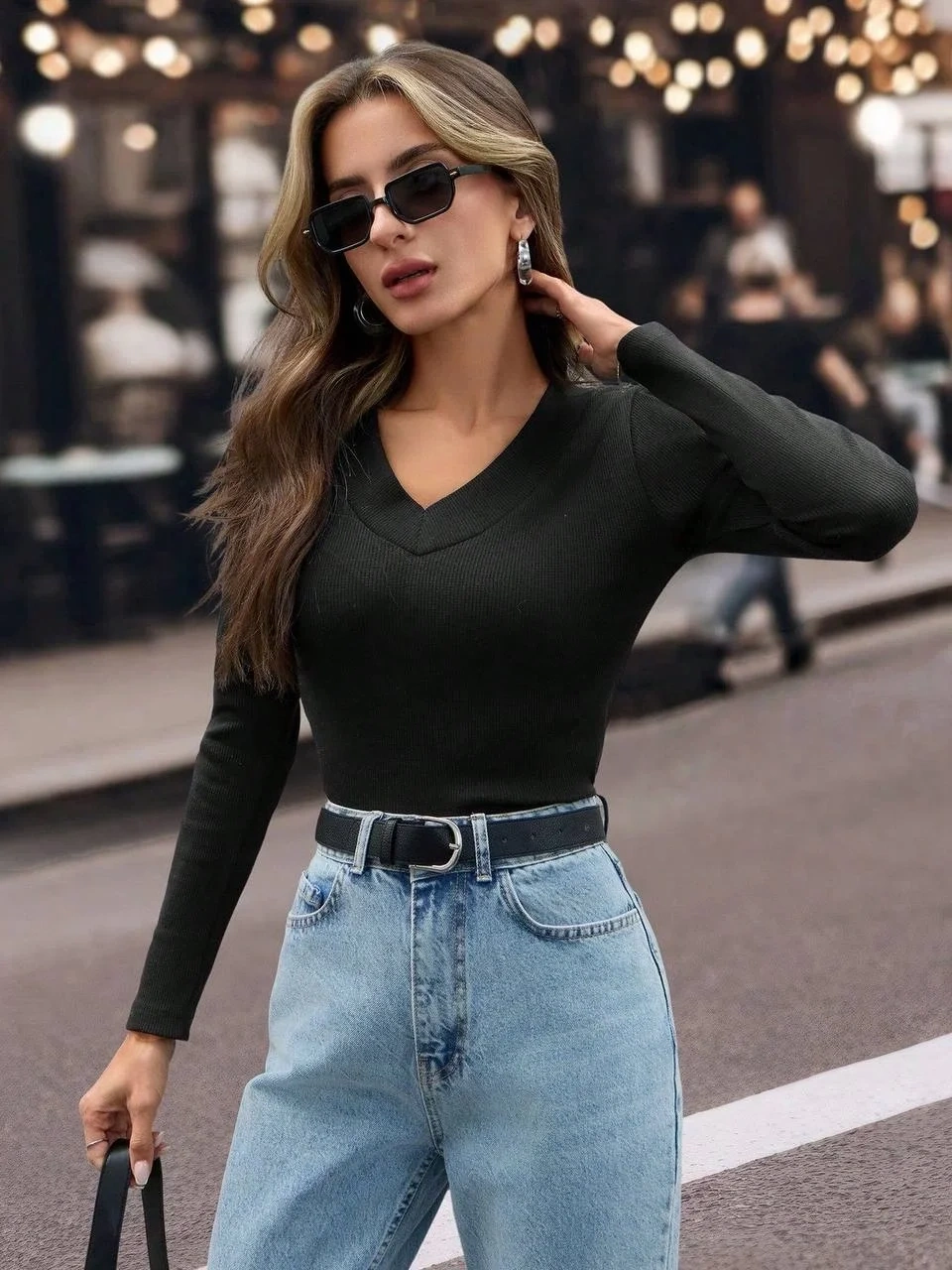 V yaka kaşkorse bluz siyah