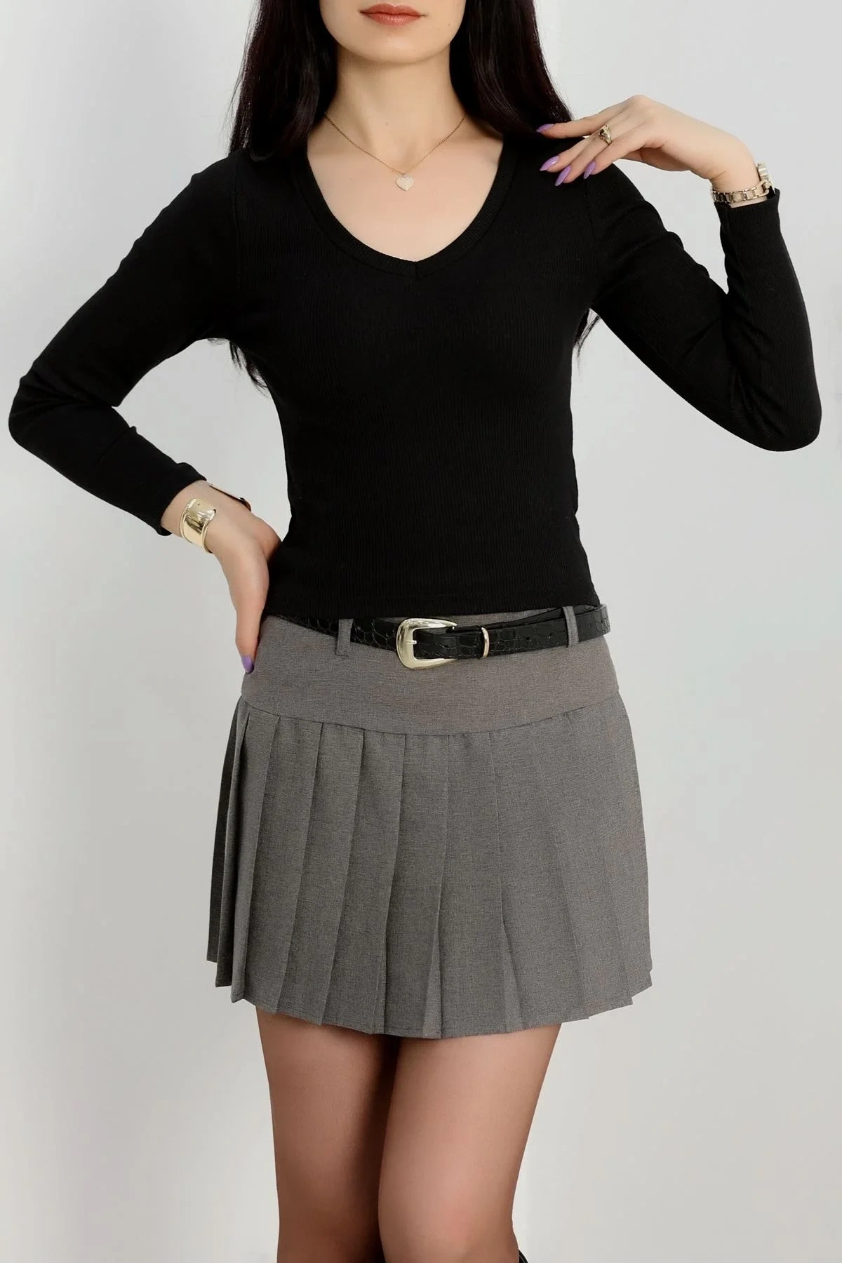 V yaka kaşkorse bluz siyah