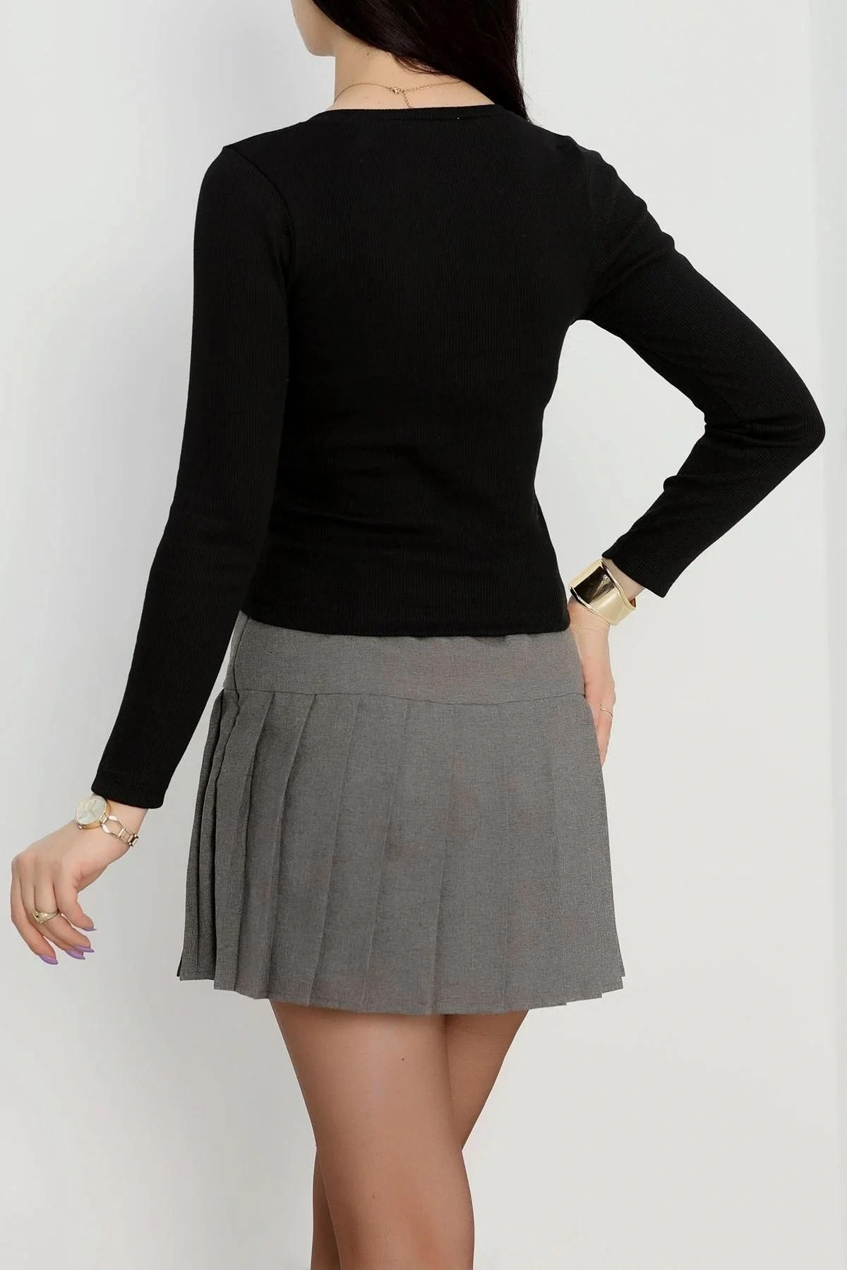 V yaka kaşkorse bluz siyah