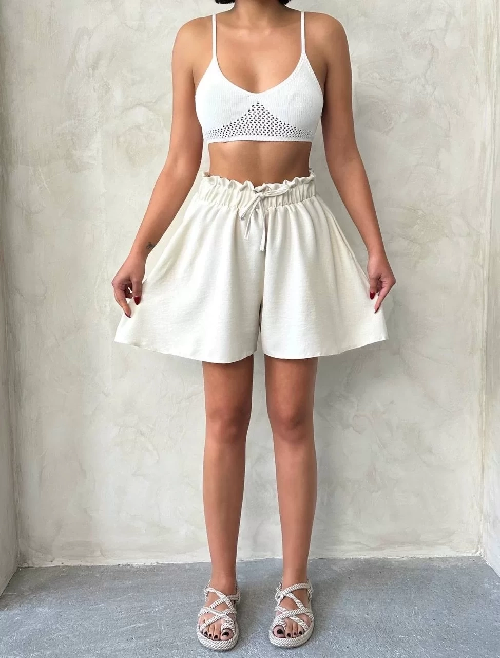 Volanlı keten şort bej s255058