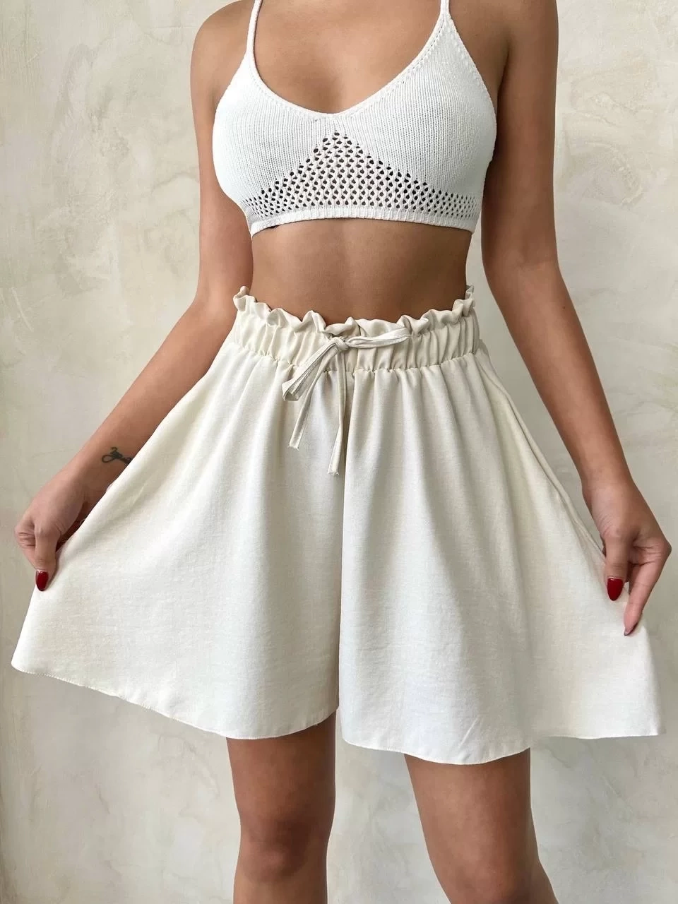 Volanlı keten şort bej s255058