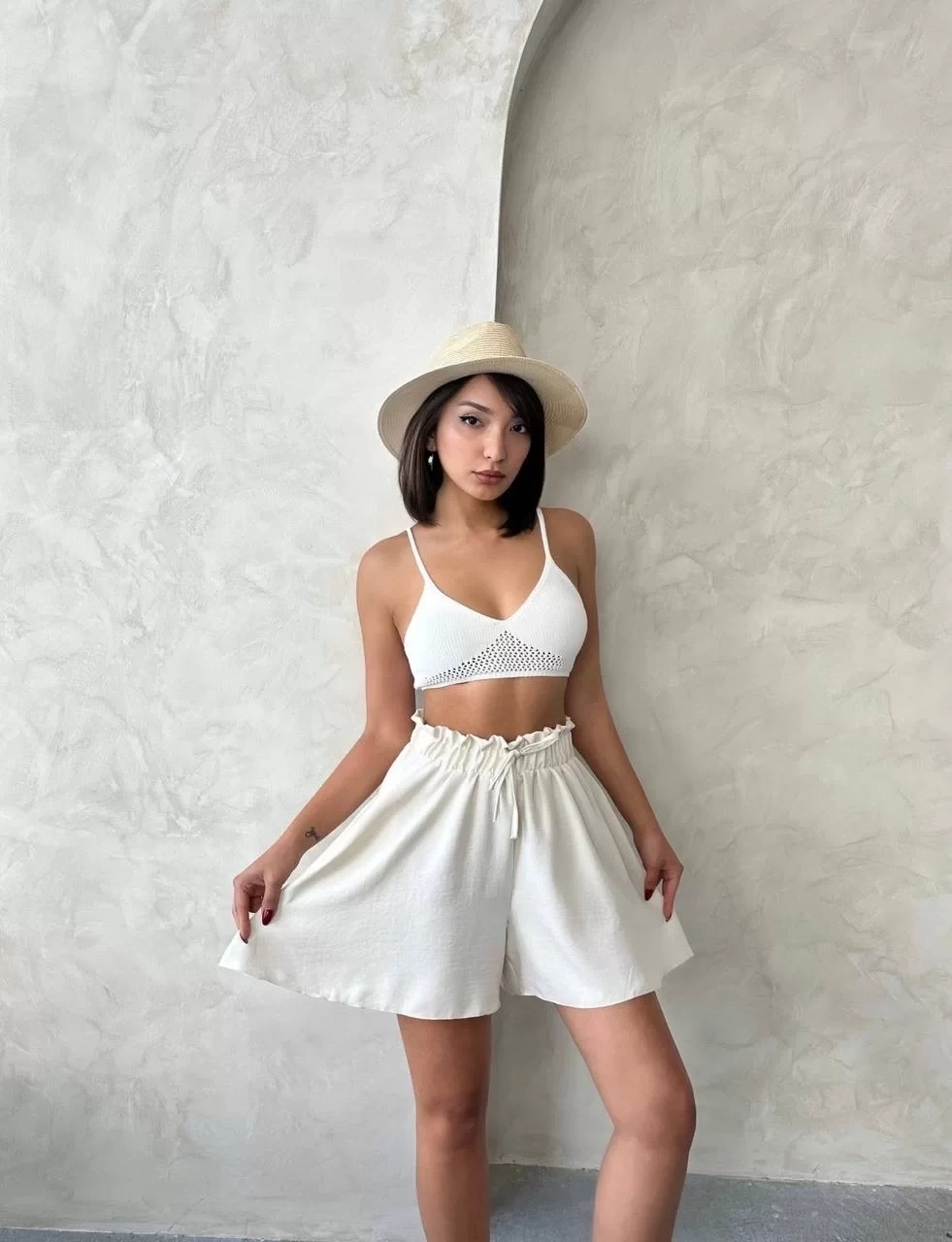 Volanlı keten şort bej s255058
