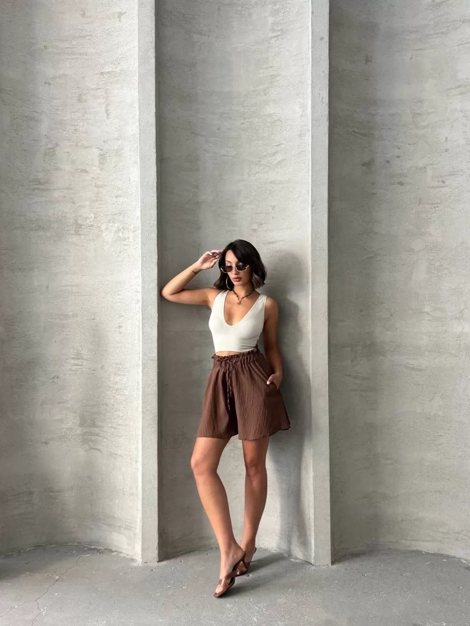 Volanlı keten şort kahve s255058