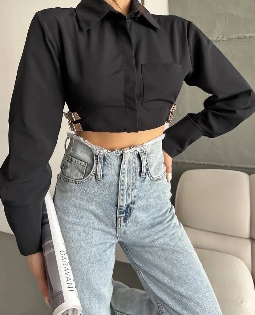 Yanı kemer detaylı crop gömlek siyah s4009