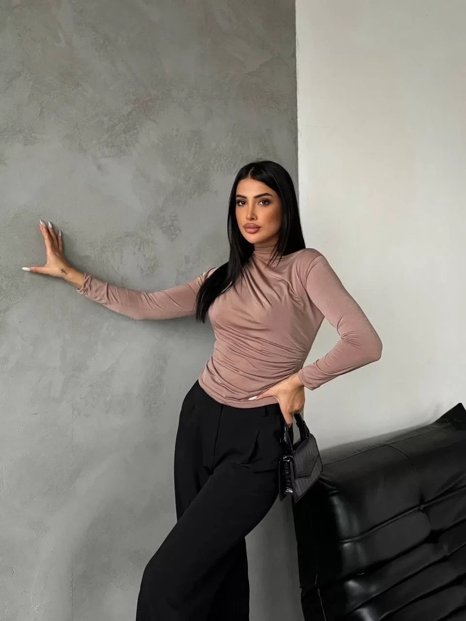 Yarım boğazlı bluz vizon f2245