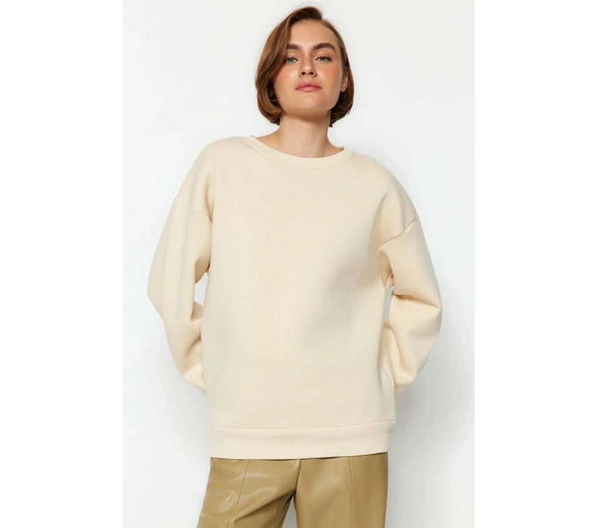 3 iplik şardonlu bisiklet yaka sweatshirt bej