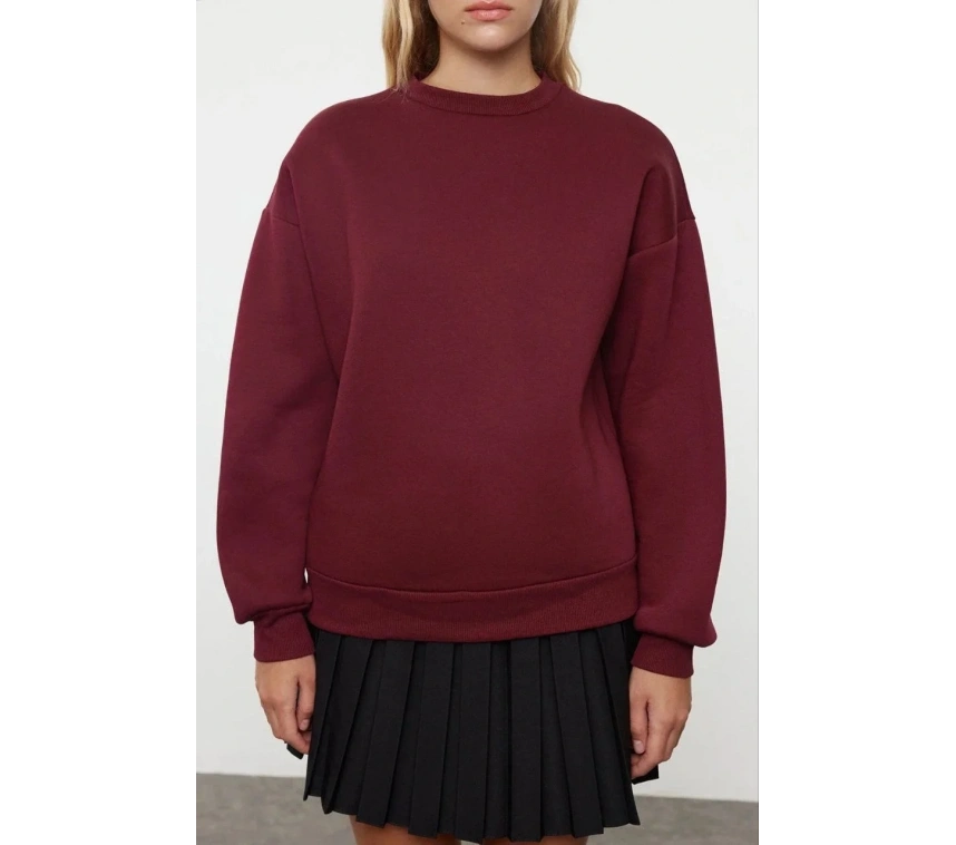 3 iplik şardonlu bisiklet yaka sweatshirt bordo