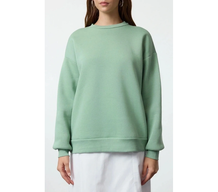 3 iplik şardonlu bisiklet yaka sweatshirt mint