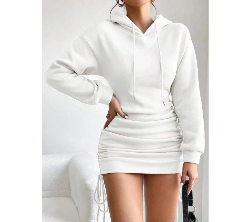 3 iplik şardonlu kapşonlu elbise beyaz