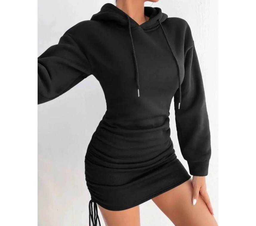 3 iplik şardonlu kapşonlu elbise siyah