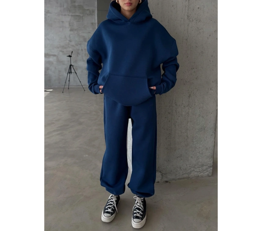 3 iplik şardonlu kapşonlu sweatshirt lacivert p510436