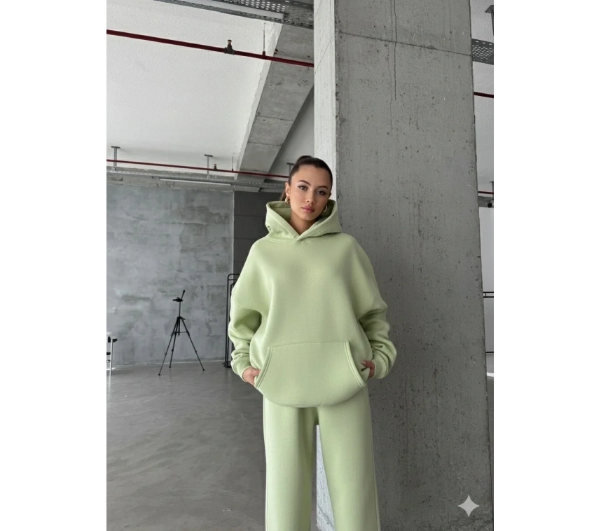 3 iplik şardonlu kapşonlu sweatshirt mint p510436