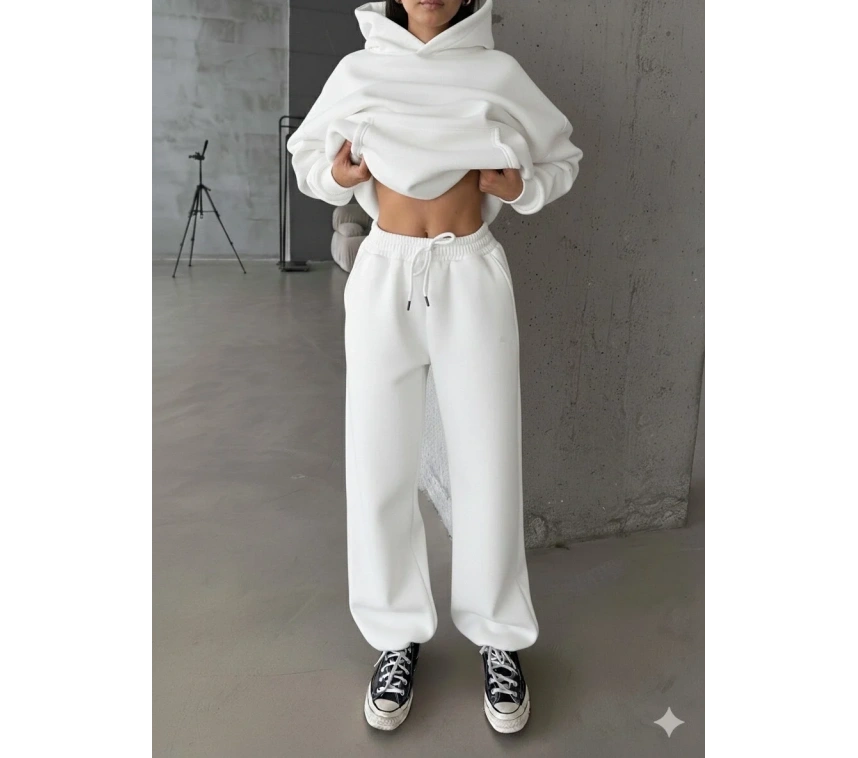 3 iplik şardonlu Lastik paça eşofman beyaz p510439