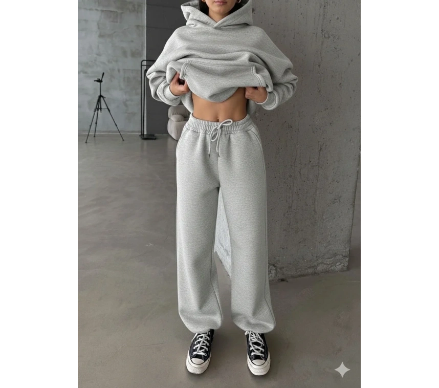 3 iplik şardonlu Lastik paça eşofman gri p510439