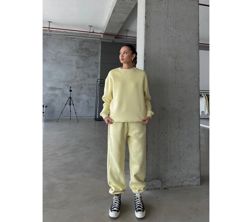 3 iplik şardonlu Lastik paça eşofman sarı p510439