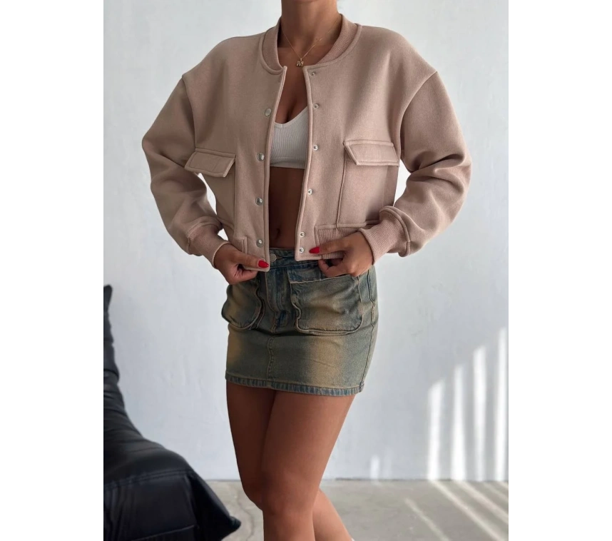 3 iplik şardonlu Önü çıtçıtlı cepli ceket bej