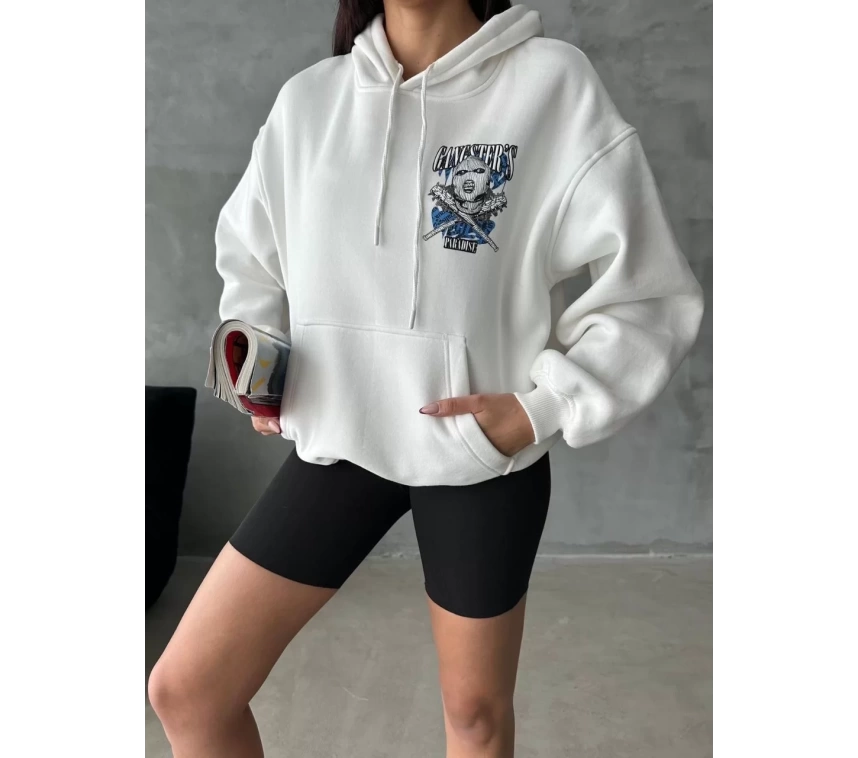 3 iplik şardonlu oversize compact kafa baskılı sweat beyaz