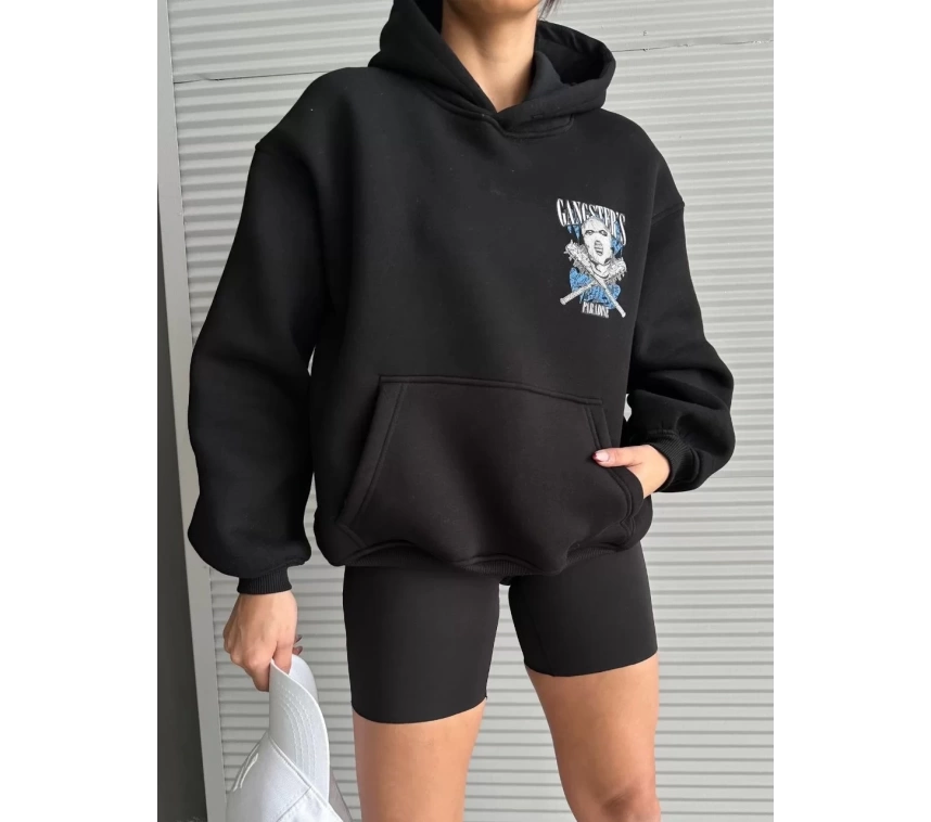 3 iplik şardonlu oversize compact kafa baskılı sweat siyah