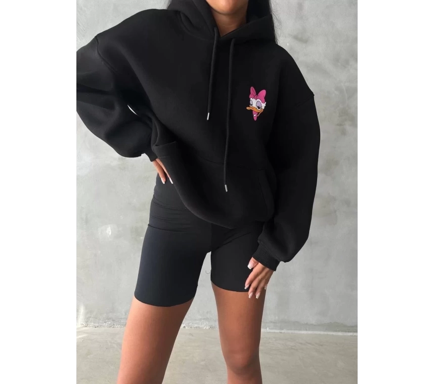 3 iplik şardonlu oversize compact ördek baskılı sweat siyah