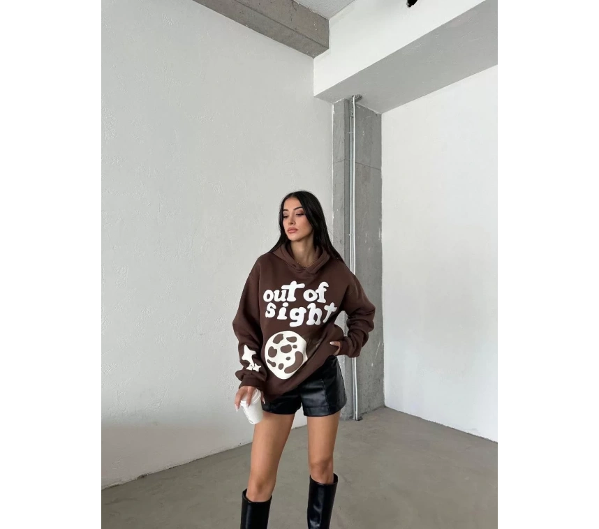 3 iplik şardonlu oversize compact out of baskılı sweat kahve
