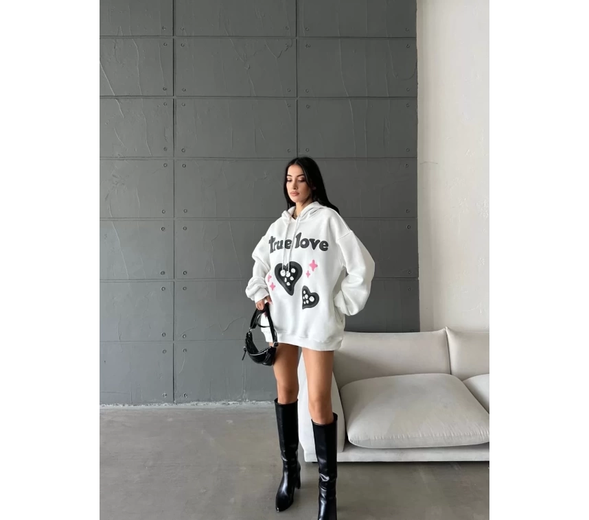 3 iplik şardonlu oversize compact true baskılı sweat Beyaz