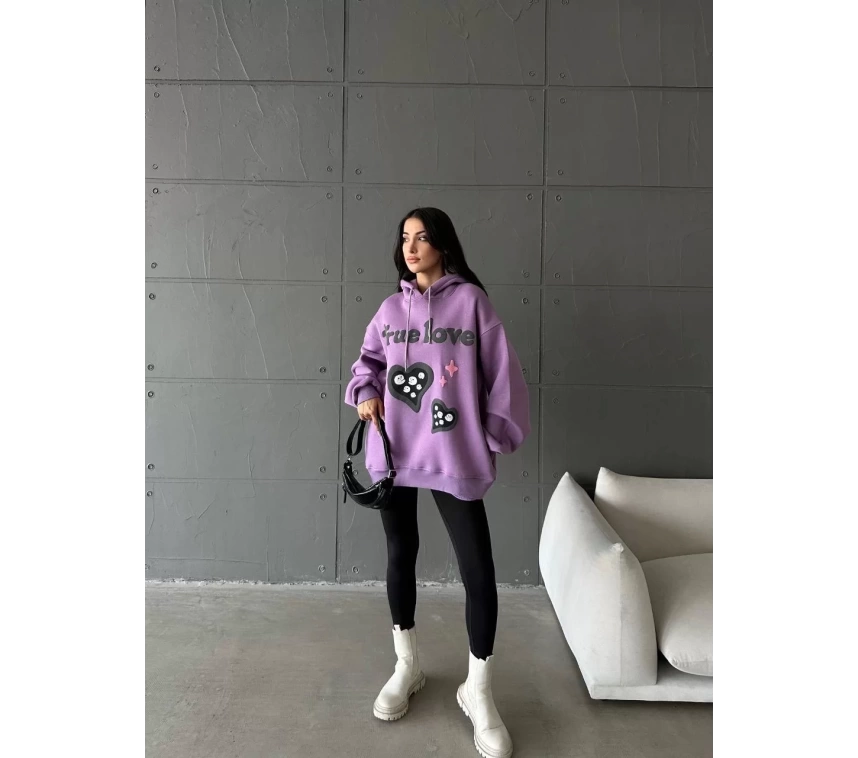 3 iplik şardonlu oversize compact true baskılı sweat mor