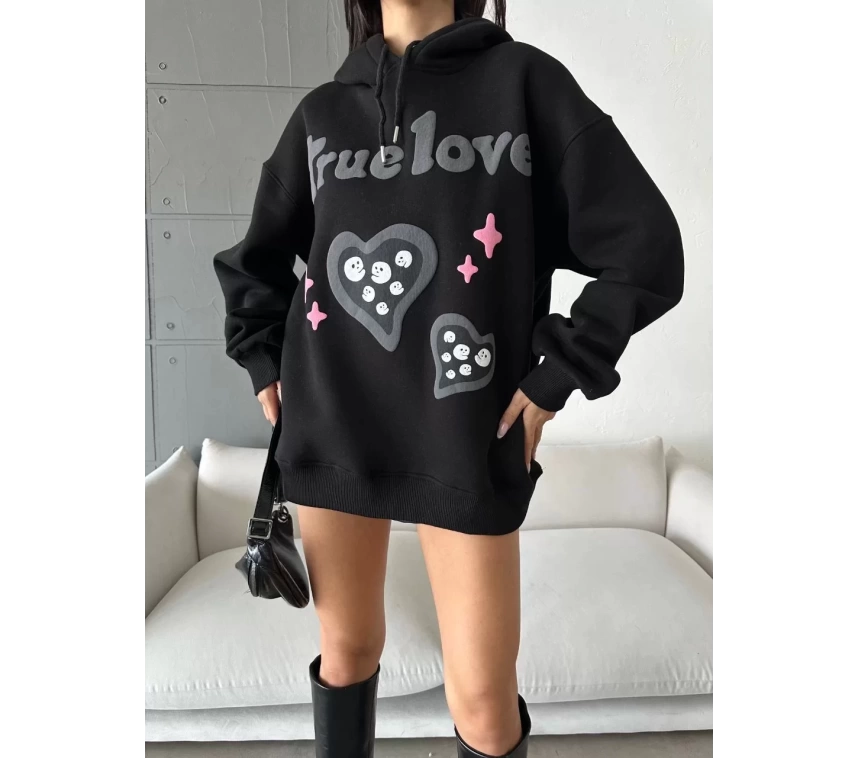 3 iplik şardonlu oversize compact true baskılı sweat siyah