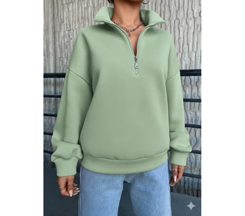 3 iplik Şardonlu yarım fermuarlı sweatshirt mint