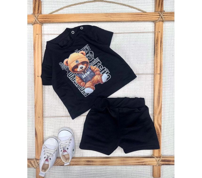 9-12-18-24 Ay Dansçı Ayıcık Baskılı Şortlu Kısa Kollu Tişört 2li Erkek Bebek Takımı