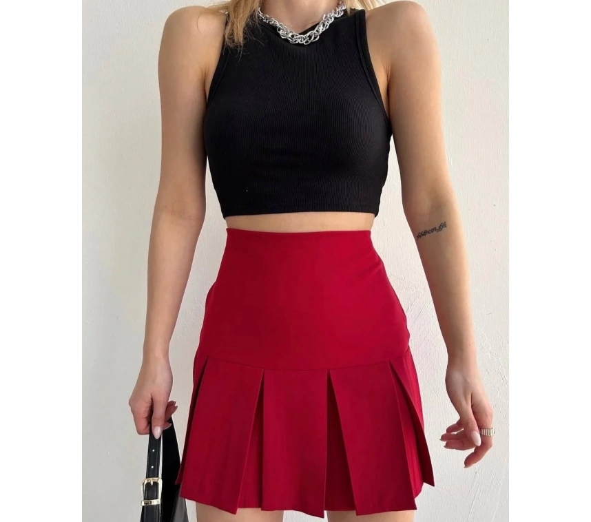 Altı geniş pileli etek bordo s24729