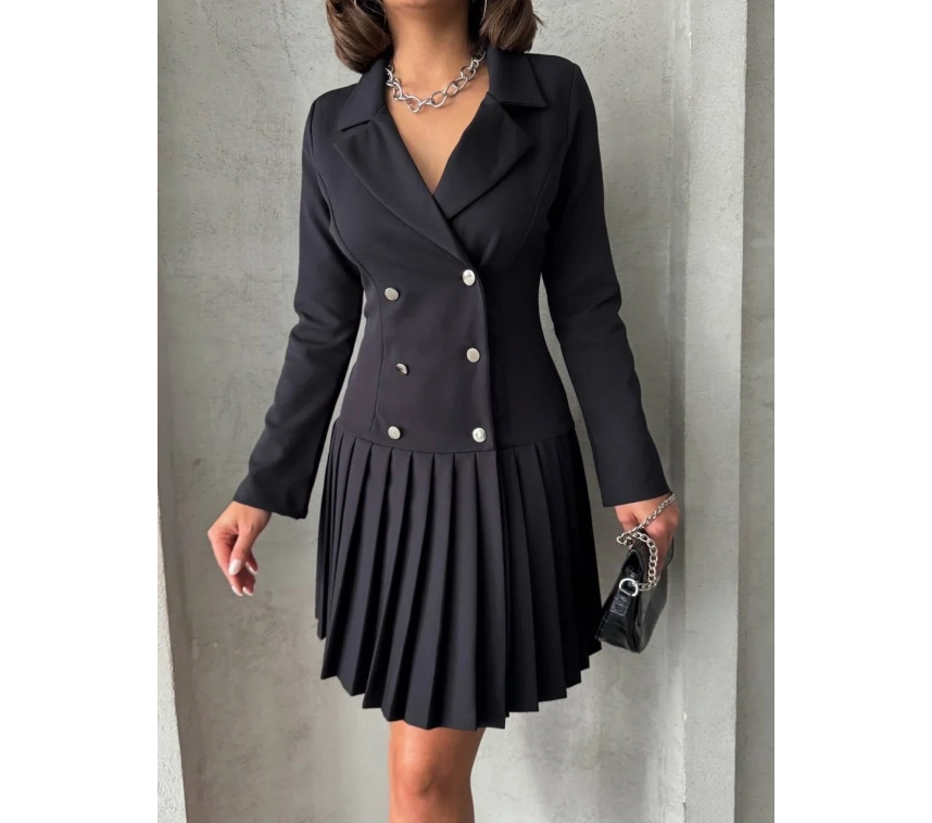 Altı piliseli uzun kollu ceket elbise siyah s255016