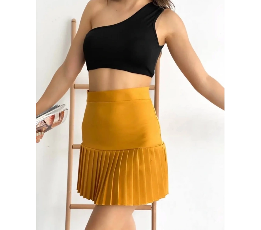Altı pliseli mini etek hardal s24705