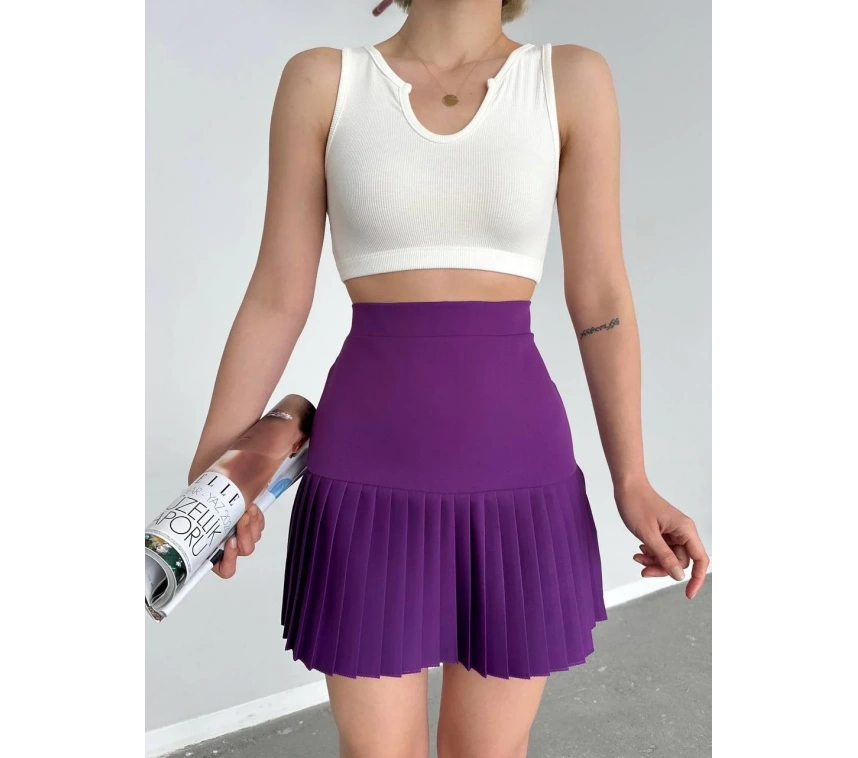 Altı pliseli mini etek Mor s24705