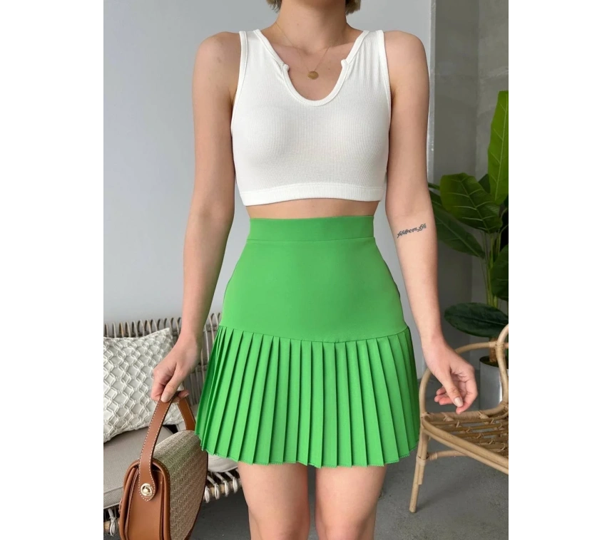 Altı pliseli mini etek yeşil s24705