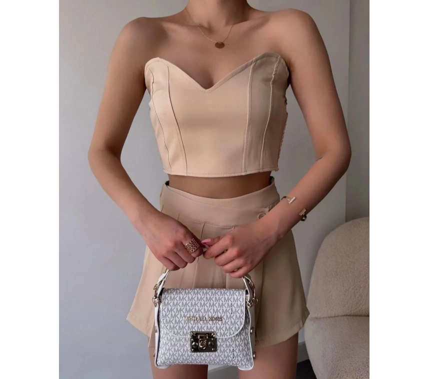 Arkadan büzgülü esnek büstiyer bej