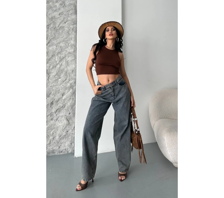 Baggy kar yıkama eskitme kahve jeans pantolon d2007