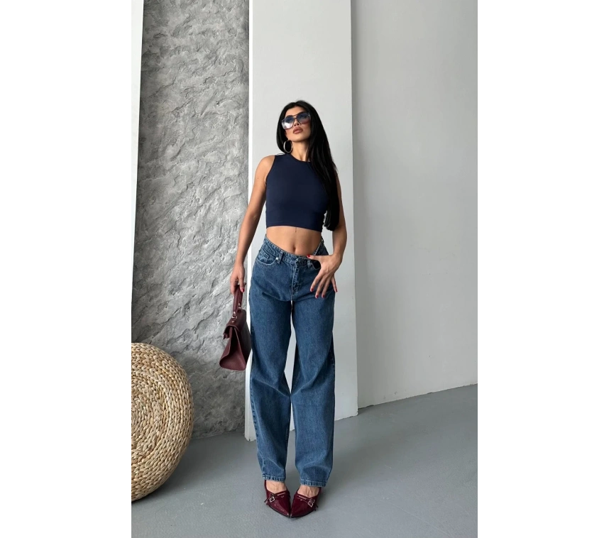 Baggy kar yıkama jeans pantolon koyu mavi