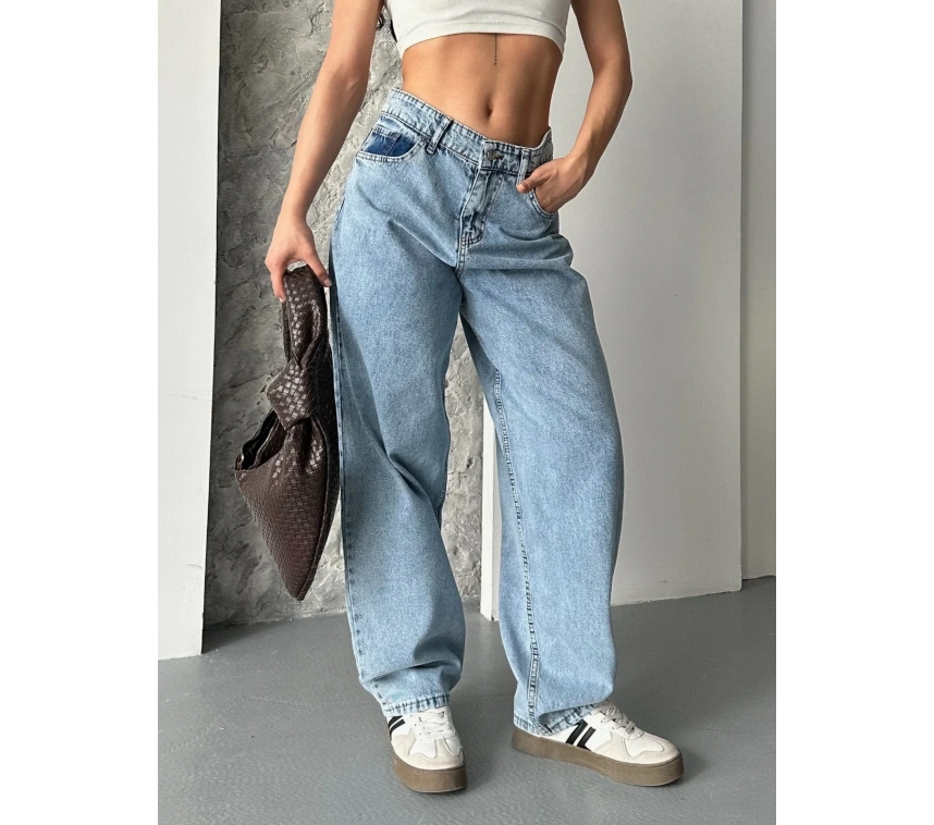 Baggy kar yıkama orta mavi jeans pantolon